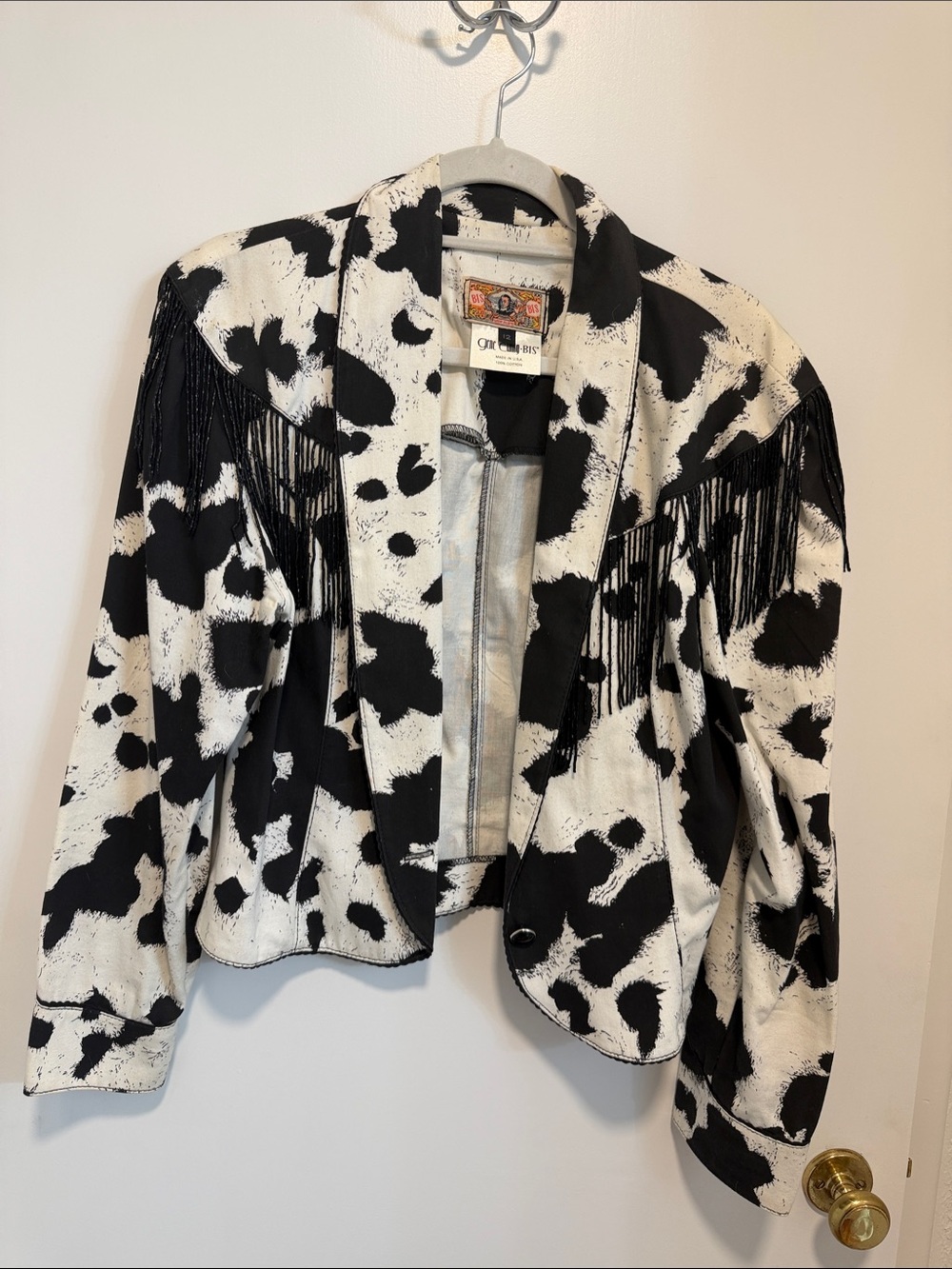 Cow-Print Fringe Leather Jacket - Black & White